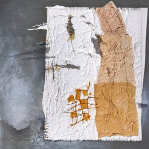 Navigating on Cloth Over Grey Mist acrylic, canvas, gesso, thread, mulberry paper, screening, waxed linen on stretched canvas 30" x 30"